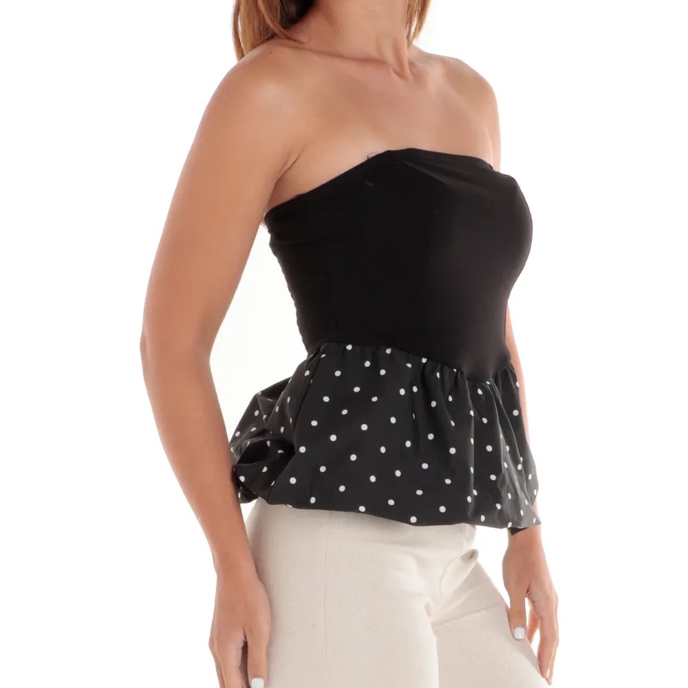Black Strapless Peplum Bubble Top with White Polka Dots
